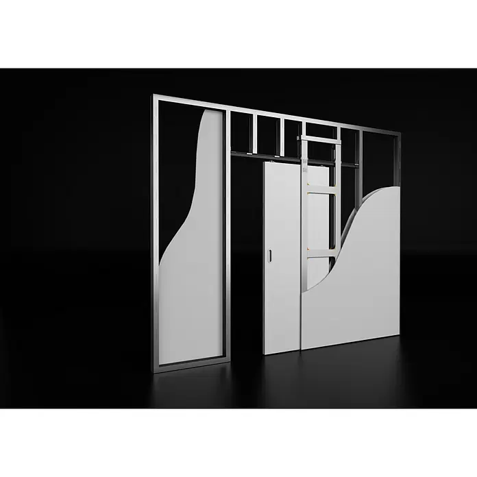 Entravia Schiebetürsystem Simple-Pocket CW100 - Vormontiert; für CW100, Passend für: Entravia Holz- und Ganzglas-Schiebetüren - Schnittansicht einer Wand mit einem weißen Schiebetürsystem, Metallrahmen und innenliegender Beschlagtechnik.