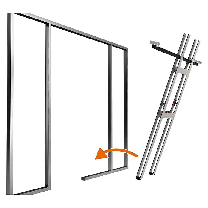 Entravia Schiebetürsystem Simple-Pocket CW100 - Vormontiert; für CW100, Passend für: Entravia Holz- und Ganzglas-Schiebetüren - Silberner Metallrahmen für Tür/Trennwand und eine geneigte Montagestütze, mit Pfeil, der Bewegung zeigt.