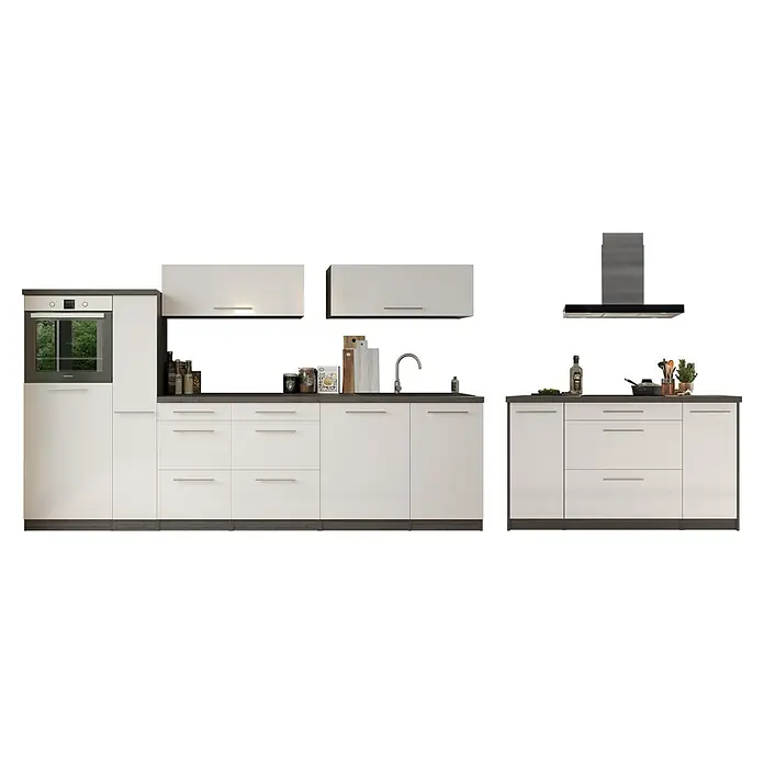 Respekta Premium Inselküche RP310IEWCBO - Breite: 310 cm, Weiß, Mit Elektrogeräten - Elegantes Küchenset mit weißen Schränken, grauen Arbeitsplatten und modernen Geräten, das Funktionalität und Stil vereint.
