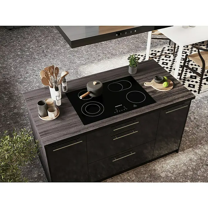 Respekta Premium Inselküche RP310IESCBO - Breite: 310 cm, Schwarz, Mit Elektrogeräten - Nahaufnahme eines stilvollen Küchenblocks mit Kochfeld, Arbeitsfläche und Stauraum in modernem Design.