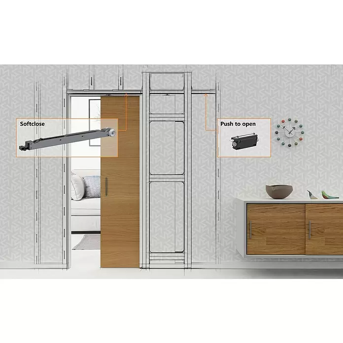 Entravia Zubehör-Set Drucktürschließer - Traglast: 80 kg, Passend für: Entravia Simple-Pocket Schiebetürsystem - Grauer Soft-Close-Mechanismus für Schiebetüren und schwarzer Push-to-Open-Verschluss für Schranktüren, zur Veranschaulichung moderner, griffloser Möbelbedienung.