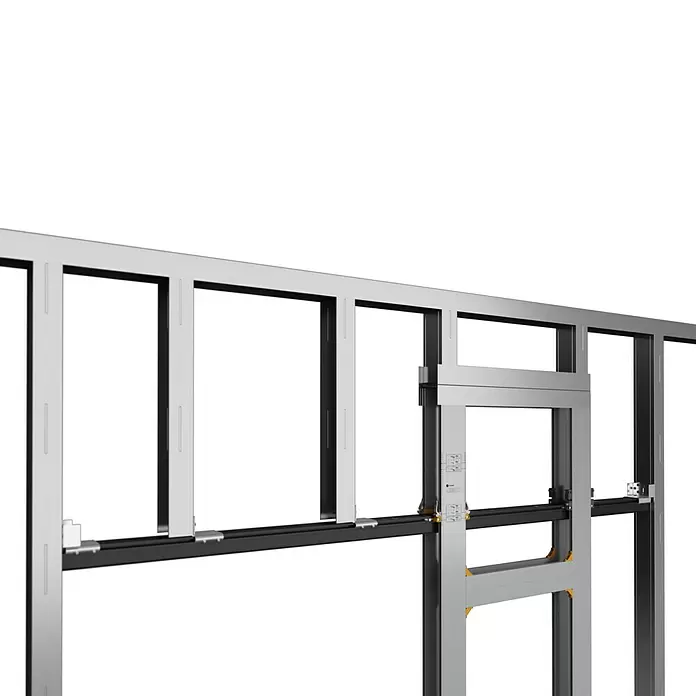 Entravia Schiebetürsystem Simple-Pocket CW100 - Vormontiert; für CW100, Passend für: Entravia Holz- und Ganzglas-Schiebetüren - Modulares silber-schwarzes Metallrahmensystem, teilweise montiert, mit vertikalen und horizontalen Profilen und orangefarbenen Verbindungspunkten.