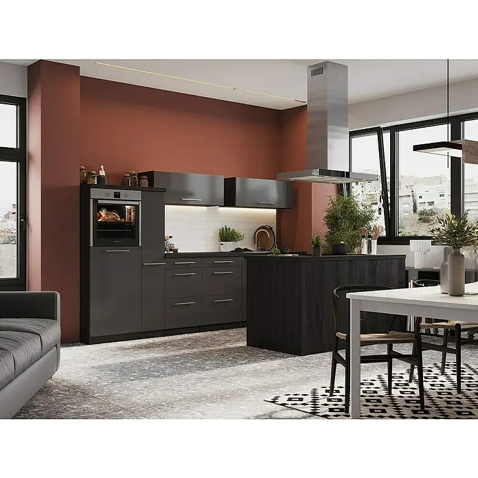 Respekta Premium Inselküche RP310IEGCBO - Breite: 310 cm, Grau, Mit Elektrogeräten - Eine moderne Küche mit dunklen Schränken, einer Edelstahl-Dunstabzugshaube und einer Kochinsel mit Holzakzenten.
