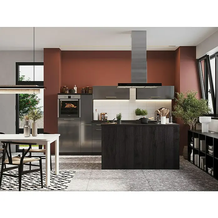 Respekta Premium Inselküche RP310IEGCBO - Breite: 310 cm, Grau, Mit Elektrogeräten - Modernes Küchendesign mit Kochinsel, Dunstabzugshaube und integriertem Backofen. Elegante Farben und hochwertige Materialien schaffen eine stilvolle Atmosphäre.