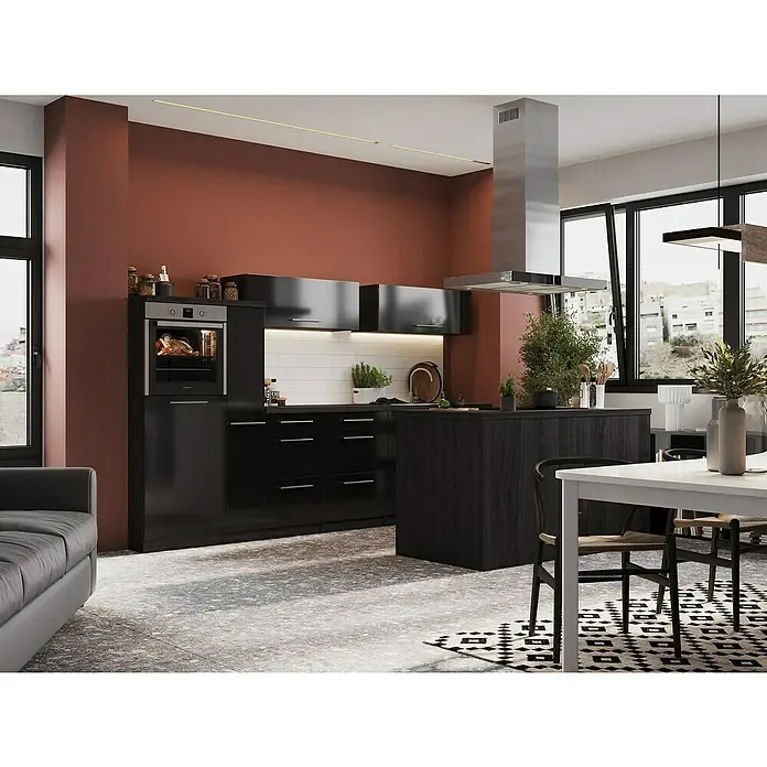 Respekta Premium Inselküche RP310IESCBO - Breite: 310 cm, Schwarz, Mit Elektrogeräten - Elegante Küche mit schwarzen Schränken, einer Kochinsel und modernen Geräten, die ein stilvolles und funktionales Design bietet.