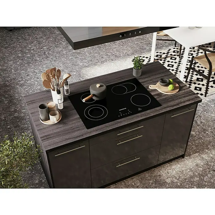 Respekta Premium Inselküche RP310IEGCBO - Breite: 310 cm, Grau, Mit Elektrogeräten - Kücheninsel mit Kochfeld, Kochutensilien und Geschirr. Moderne Küchenausstattung mit elegantem Design und praktischen Elementen.