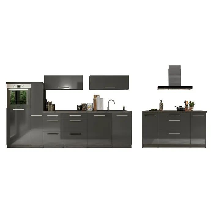Respekta Premium Inselküche RP310IEGCBO - Breite: 310 cm, Grau, Mit Elektrogeräten - Elegante graue Küche mit modernen Schränken, Arbeitsflächen und Geräten. Das stilvolle Küchendesign ist funktional und ästhetisch ansprechend.
