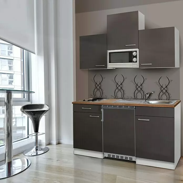 Respekta Cocina compacta Luis - Ancho: 150 cm, Gris, Con placa de cocina doble, Microondas, Color de la encimera: Nogal - Cocina compacta gris oscuro con encimera de madera, fregadero y microondas en apartamento moderno.