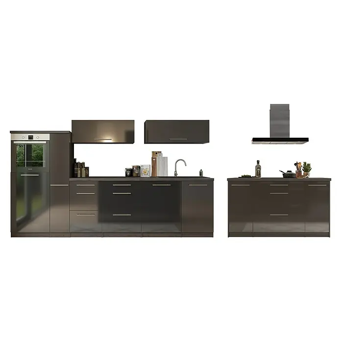 Respekta Premium Inselküche RP310IESCBO - Breite: 310 cm, Schwarz, Mit Elektrogeräten - Darstellung einer modernen Küche mit Einbaubackofen, Hängeschränken und einer Dunstabzugshaube in stilvollem Design.