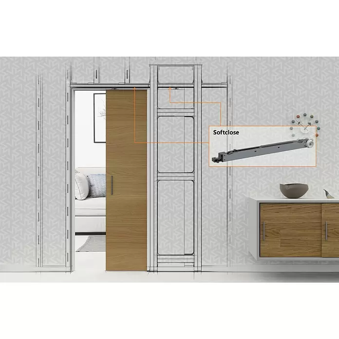 Entravia Türschließdämpfer - Traglast: 80 kg, Passend für: Entravia Simple-Pocket Schiebetürsystem - Holzschiebetür mit sichtbarer Soft-Close-Mechanik für leises Schließen in modernem Interieur.