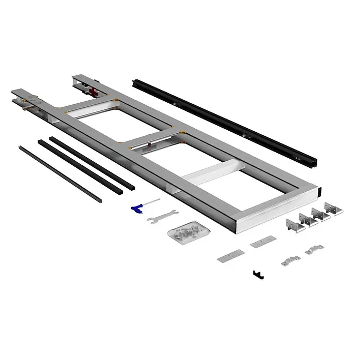 Entravia Schiebetürsystem Simple-Pocket CW100 - Vormontiert; für CW100, Passend für: Entravia Holz- und Ganzglas-Schiebetüren - Zerlegte silberne Aluminiumrahmenkomponenten und schwarze Schienen für ein Montagesystem, inklusive Befestigungselementen und Werkzeugen.
