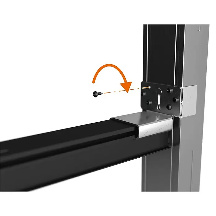 Entravia Schiebetürsystem Simple-Pocket CW100 - Vormontiert; für CW100, Passend für: Entravia Holz- und Ganzglas-Schiebetüren - Schwarze Schraube wird in Metallhalterung eingesetzt, die zwei Profile verbindet, Montage durch orangefarbenen Pfeil dargestellt.