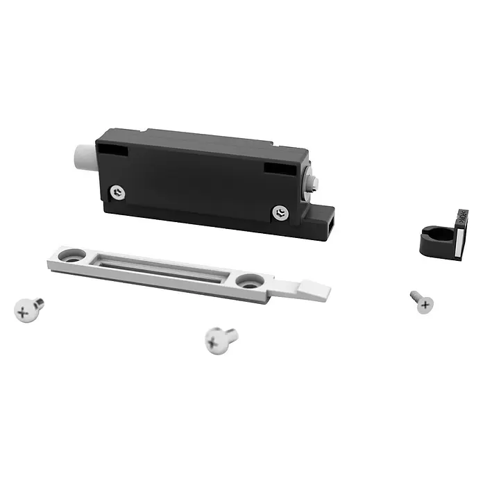 Entravia Zubehör-Set Drucktürschließer - Traglast: 80 kg, Passend für: Entravia Simple-Pocket Schiebetürsystem - Schwarzes Gehäuse, weiße Linearführung, schwarzer Clip und weiße Schrauben zur Montage.