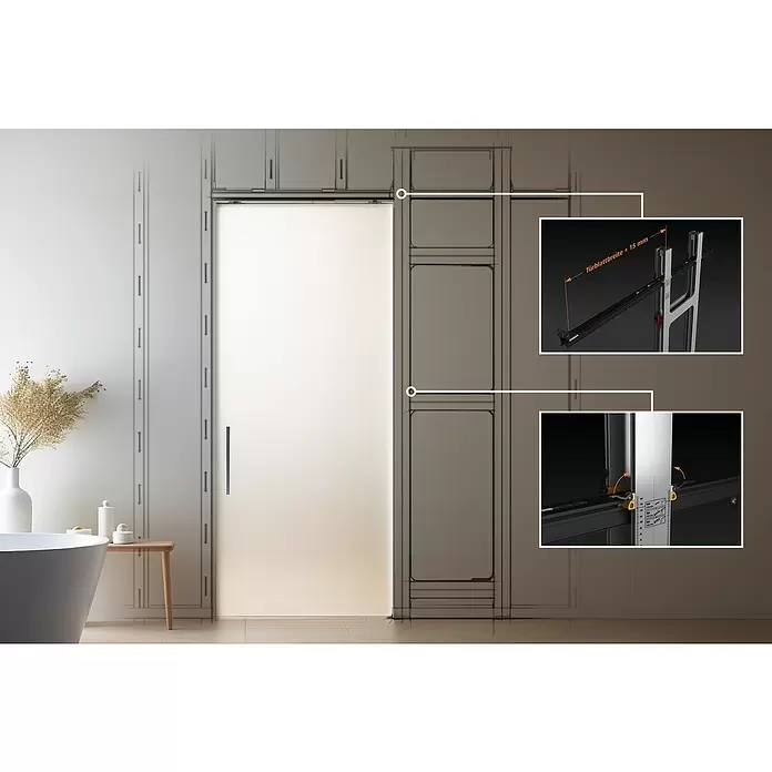 Entravia Schiebetürsystem Simple-Pocket CW100 - Vormontiert; für CW100, Passend für: Entravia Holz- und Ganzglas-Schiebetüren - Mattiertes Glastaschen-Türsystem in Badezimmer-Umgebung, technische Insets zeigen einstellbare obere und untere Führungselemente.