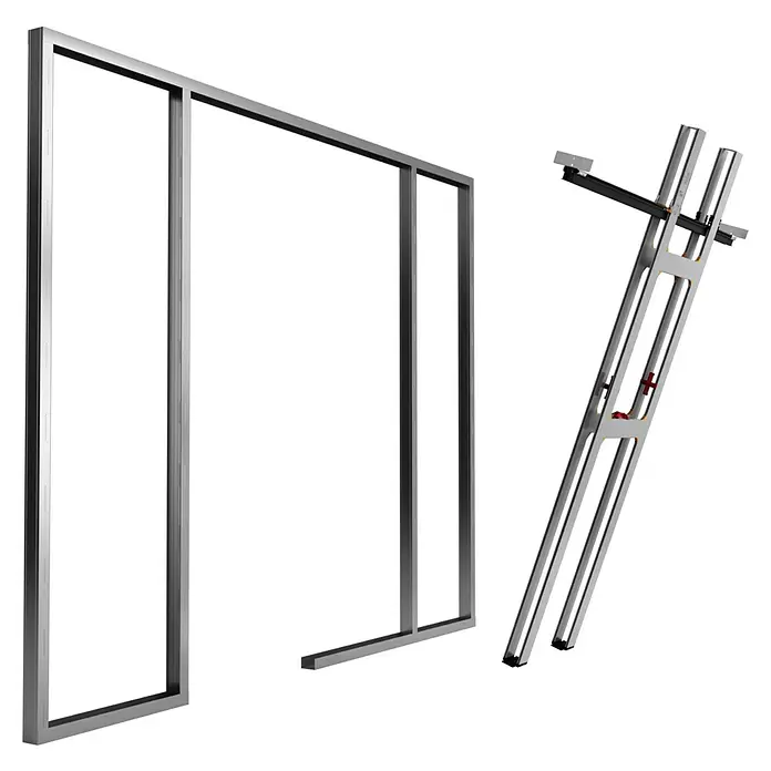 Entravia Schiebetürsystem Simple-Pocket CW100 - Vormontiert; für CW100, Passend für: Entravia Holz- und Ganzglas-Schiebetüren - Zwei graue Metallrahmen, einer rechteckig und einer als mehrgleisige Schneidführung.