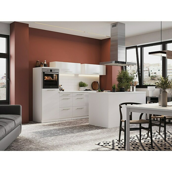 Respekta Premium Cocina de isla (Ancho: 280 cm, Con dispositivos eléctricos, Blanco de alto brillo)
