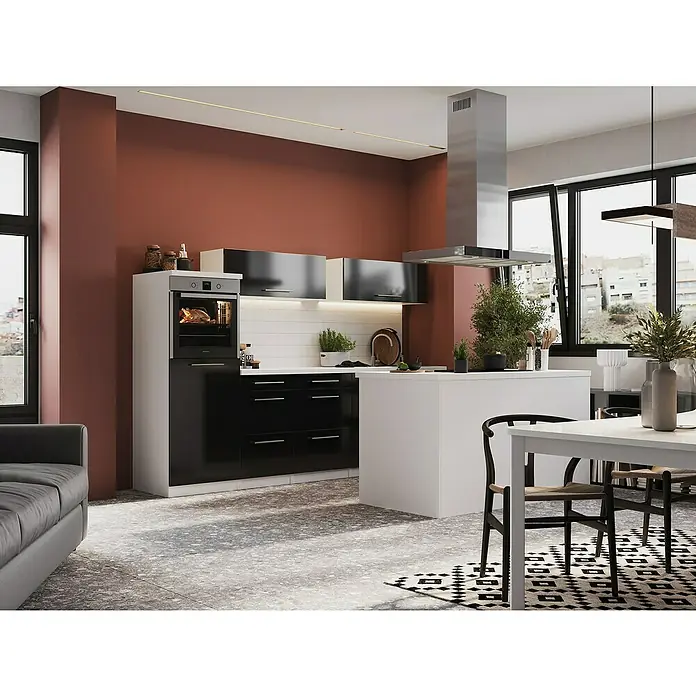 Respekta Premium Inselküche RP280IWSCBO - Breite: 280 cm, Schwarz, Mit Elektrogeräten - Moderne Küche mit Kochinsel, weißen Fronten und stilvoller Dunstabzugshaube. Das elegante Design wird durch dunkle Akzente und natürliche Elemente ergänzt.