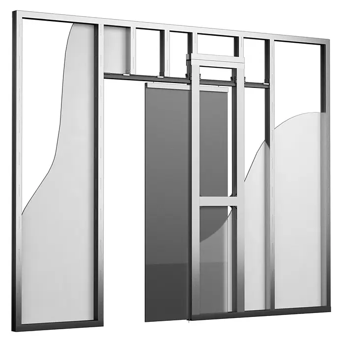Entravia Zubehör-Set Türaufnahme - Traglast: 80 kg, Beschlag geeignet für: Glasschiebetüren, Passend für: Entravia Simple-Pocket Schiebetürsystem - Querschnitt eines modularen Raumteilers mit silbernem Metallrahmen, weißen Paneelen und dunkler Schiebetür, der die Innenstruktur zeigt.