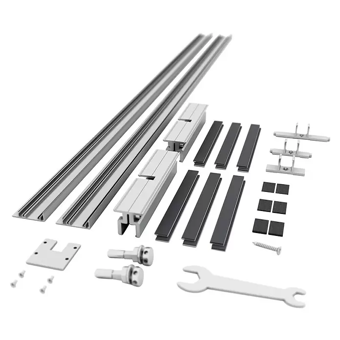 Entravia Zubehör-Set Türaufnahme - Traglast: 80 kg, Beschlag geeignet für: Glasschiebetüren, Passend für: Entravia Simple-Pocket Schiebetürsystem - Bausatz aus silbernen Metallschienen, Profilen, weißen Kunststoffhalterungen und dunkelgrauem Zubehör für ein Schiebesystem.