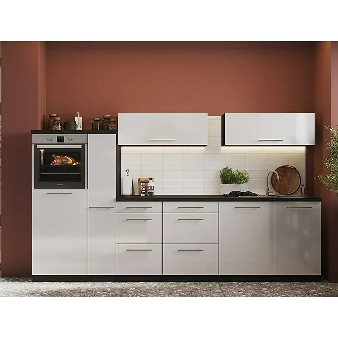 Respekta Premium Inselküche RP310IEWCBO - Breite: 310 cm, Weiß, Mit Elektrogeräten - Moderne Küche mit weißen Schränken, integriertem Ofen und dunkler Arbeitsplatte, die Eleganz und Funktionalität vereint.
