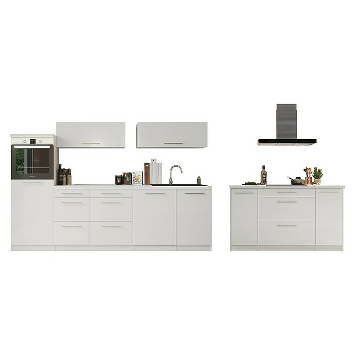 Respekta Premium Cocina de isla (Ancho: 280 cm, Con dispositivos eléctricos, Blanco de alto brillo)