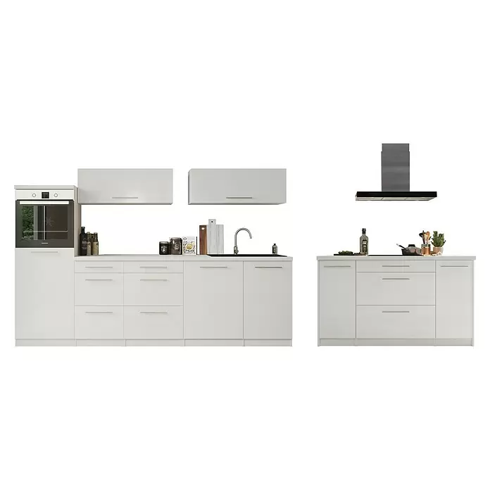 Respekta Premium Cocina de isla Amanda - Ancho: 280 cm, Blanco, Con electrodomésticos - Muebles de cocina blancos modernos con horno, fregadero, placa de cocción y campana extractora integrados, con accesorios.