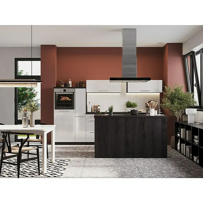 Respekta Premium Inselküche RP310IEWCBO - Breite: 310 cm, Weiß, Mit Elektrogeräten - Elegantes Küchendesign mit Kochinsel in dunklem Holz, weißen Schränken und modernen Edelstahl-Akzenten für einen stilvollen Look.