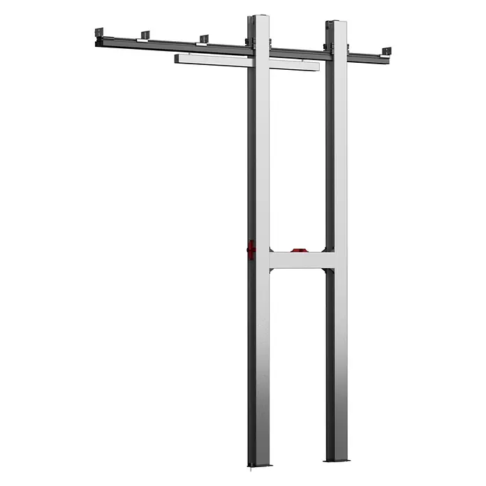 Entravia Zubehör-Set Türaufnahme - Traglast: 80 kg, Beschlag geeignet für: Glasschiebetüren, Passend für: Entravia Simple-Pocket Schiebetürsystem - Eleganter silbergrauer Metall-H-Rahmenständer mit integrierten horizontalen Stangen und roten Verstellelementen, konzipiert für modulare Displaysysteme.