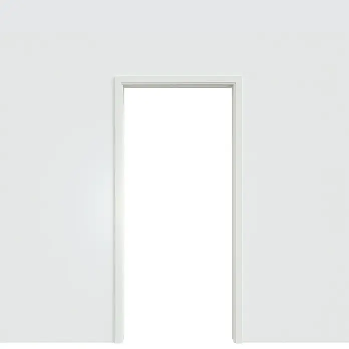 Entravia Zarge CW75 - 985 x 1.985 mm, Holzschiebetüren, 1-flügelig, Passend für: Entravia Simple-Pocket Schiebetürsystem, Weiß lackiert, ähnlich RAL 9016 - Ein schlichtes, modernes Foto zeigt eine weiße Türöffnung in einer ebenso weißen Wand, wobei der dunkle Durchgang einen starken Kontrast bildet.
