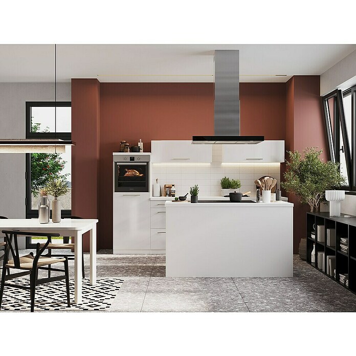 Respekta Premium Cocina de isla (Ancho: 280 cm, Con dispositivos eléctricos, Blanco de alto brillo)