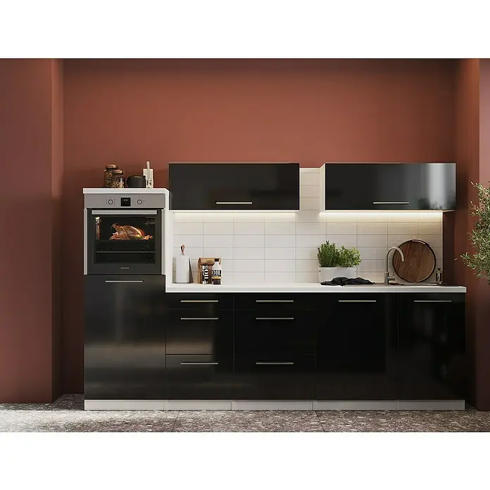 Respekta Premium Inselküche RP280IWSCBO - Breite: 280 cm, Schwarz, Mit Elektrogeräten - Modernes Küchendesign mit glänzenden schwarzen Schränken, weißen Arbeitsplatten und einem eingebauten Backofen. Die Küche strahlt Eleganz und Funktionalität aus.