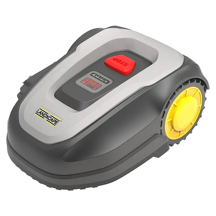 Landxcape Robot cortacésped LX855 Worx - 300 m², Ancho de corte: 16 cm, Navegación por inducción, Cable de antena - Un robot cortacésped Landxcape gris y amarillo con un botón de parada rojo.