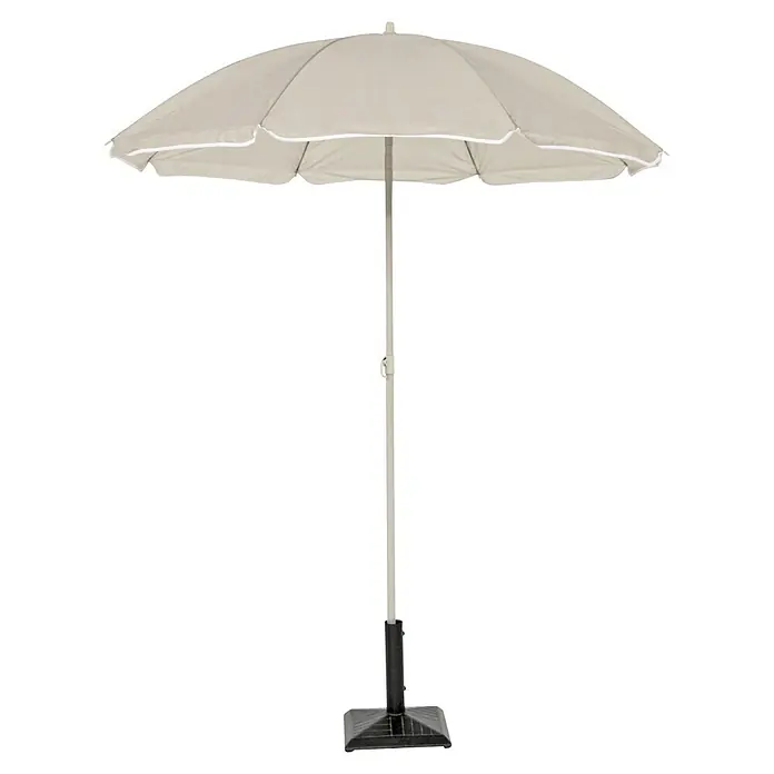 Sunfun Strandschirm - Taupe, Durchmesser Bespannung: 180 cm - Ein beiger Sonnenschirm mit weißem Rand und schwarzem Ständer bietet Schutz vor der Sonne und spendet angenehmen Schatten im Freien.