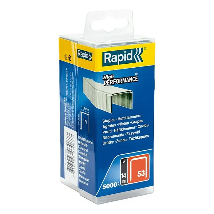 Rapid Heftklammer High Performance 53/14Klammertiefe: 14 mm, Stahl, 5.000 Stk., Breite: 0,75 mm, Blisterpack - Rapid High Performance Heftklammern: 14 mm Länge, 5000 Stück. Ideal für Büro und Handwerk, für zuverlässiges Heften.