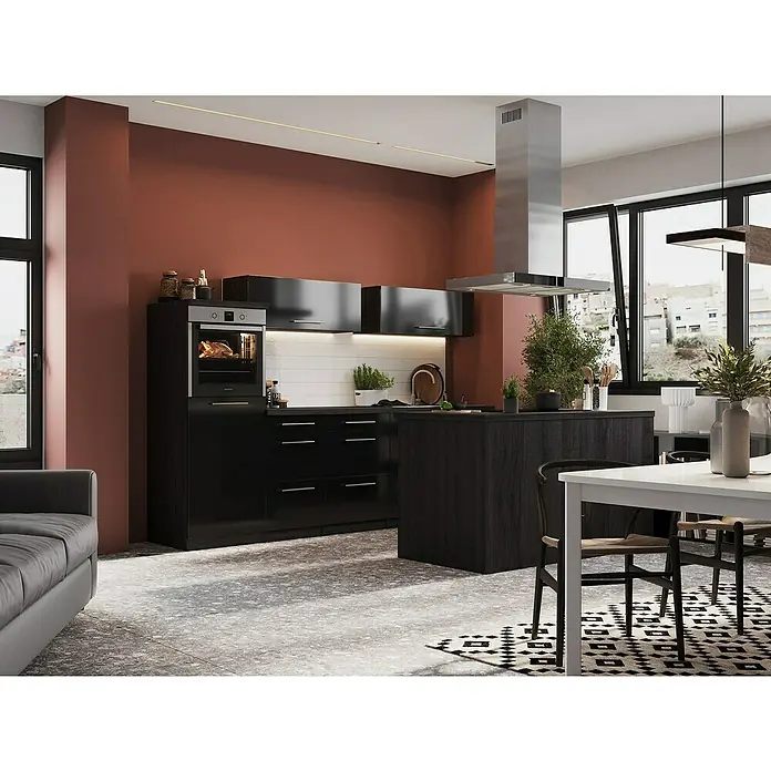 Respekta Premium Inselküche RP280IESCBO - Breite: 280 cm, Schwarz, Mit Elektrogeräten - Elegante moderne Küche mit schwarzen Schränken, einer Kochinsel und Edelstahl-Dunstabzugshaube. Eine stilvolle Ergänzung für jedes Zuhause.