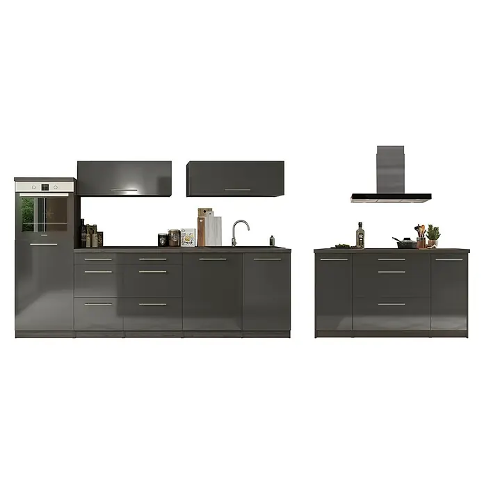 Respekta Premium Inselküche RP280IEGCBO - Breite: 280 cm, Grau, Mit Elektrogeräten - Ein modernes, graues Küchenset mit Hängeschränken, Spüle, Herd und Dunstabzugshaube, ideal für jede moderne Küche.