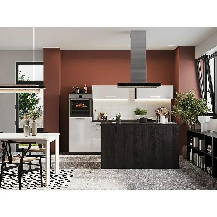 Respekta Premium Inselküche RP280IEWCBO - Breite: 280 cm, Weiß, Mit Elektrogeräten - Moderne Küche mit Kochinsel, weißen Schränken und Edelstahldunstabzugshaube unterstreicht stilvolles Wohndesign.