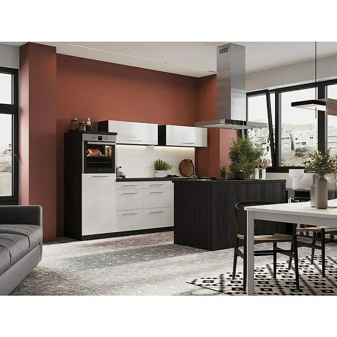 Respekta Premium Inselküche RP280IEWCBO - Breite: 280 cm, Weiß, Mit Elektrogeräten - Kücheninterieur mit modernen Küchenschränken in Weiß und Schwarz, ergänzt durch eine Dunstabzugshaube aus Edelstahl über einer Kochinsel.