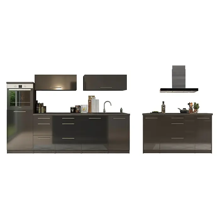 Respekta Premium Inselküche RP280IESCBO - Breite: 280 cm, Schwarz, Mit Elektrogeräten - Elegante Küchenzeile in Grau mit Hängeschränken und Dunstabzugshaube. Das Design bietet modernen Stil und Funktionalität für Ihre Küche.
