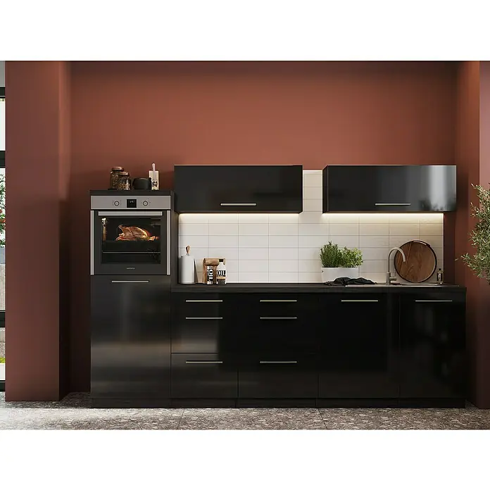 Respekta Premium Inselküche RP280IESCBO - Breite: 280 cm, Schwarz, Mit Elektrogeräten - Moderne schwarze Küche mit Einbaubackofen, weißen Fliesen und passenden Hängeschränken für einen stilvollen Look.