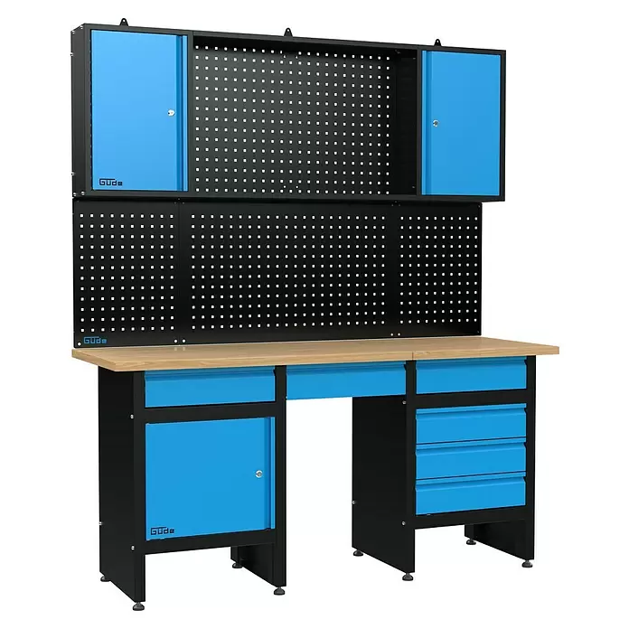 Güde Werkbank-Set GW 6/1 XL - Set 1 - L x B: 60 x 170,9 cm, Arbeitshöhe: 200 cm, Holz - Schwarze Metallwerkbank mit heller Holzplatte, blauen Schränken und Schubladen. Mit Lochwänden zur Werkzeugaufbewahrung.