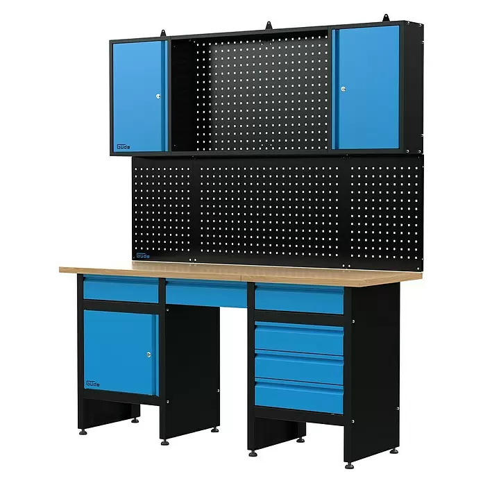 Güde Werkbank-Set GW 6/1 XL - Set 1 - L x B: 60 x 170,9 cm, Arbeitshöhe: 200 cm, Holz - Blau-schwarze Werkbank mit Holz-Arbeitsplatte, Schränken, Schubladen und Lochwand.