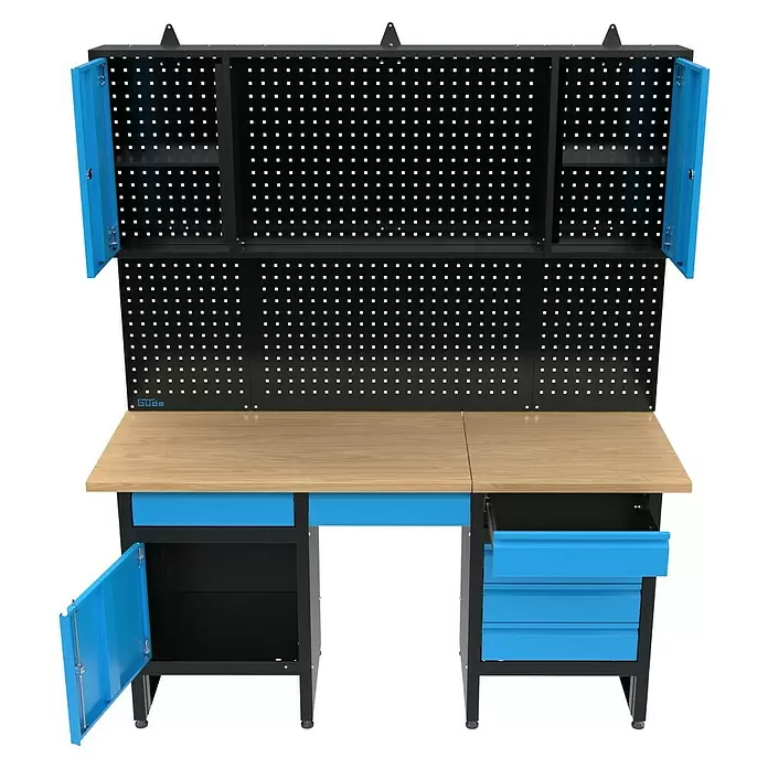 Güde Werkbank-Set GW 6/1 XL - Set 1 - L x B: 60 x 170,9 cm, Arbeitshöhe: 200 cm, Holz - Schwarze Werkbank mit heller Holzplatte, blauen Schränken & Schubladen und Lochwänden. "Güde" Logo.