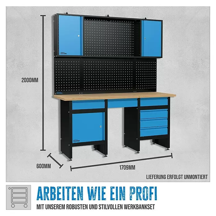 Güde Werkbank-Set GW 6/1 XL - Set 1 - L x B: 60 x 170,9 cm, Arbeitshöhe: 200 cm, Holz - Blaue und schwarze Werkbank mit Lochwand, Schränken und Schubladen. Maße: 2000x1709x600mm.