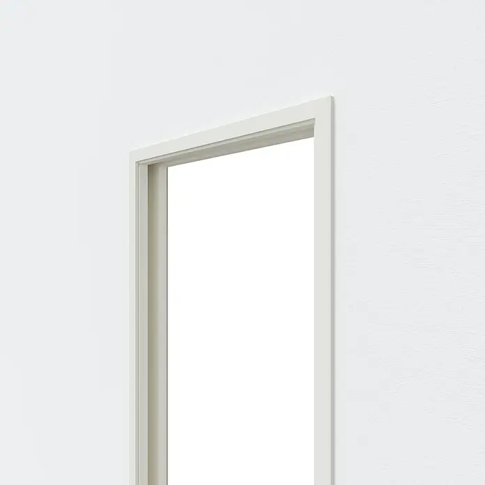 Entravia Zarge CW75 - 735 x 1.985 mm, Holzschiebetüren, 2-flügelig, Passend für: Entravia Simple-Pocket Schiebetürsystem, Weiß lackiert, ähnlich RAL 9010 - Weißer Türrahmen vor einer weißen Wand, der einen dunklen Durchgang andeutet. Minimalistisch und modern.