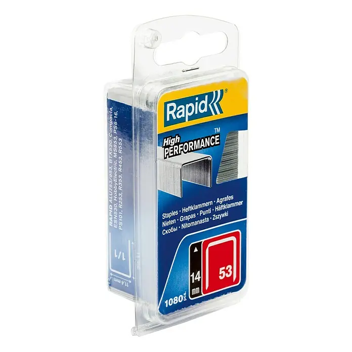 Rapid Heftklammer High Performance 53/14 - Klammertiefe: 14 mm, Stahl, 1.080 Stk., Breite: 0,75 mm, Blisterpack - Eine Packung Rapid High Performance Heftklammern, ideal für Büro und Heimwerker.