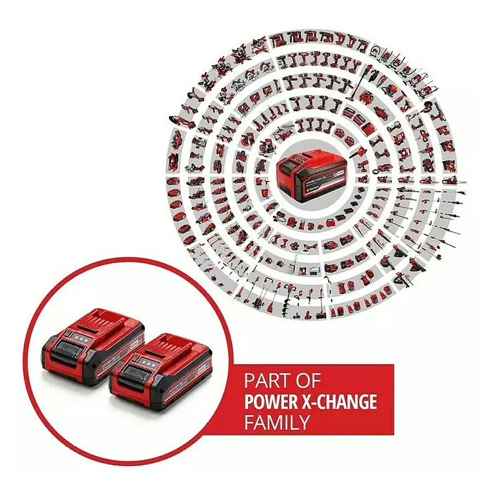 Einhell PXC 18V Set de baterías Plus Twin-Pack - 18 V, 2 baterías, 3 Ah - La imagen muestra el sistema de batería Power X-Change, que alimenta una amplia gama de herramientas y equipos de jardín. Las baterías son el componente central.