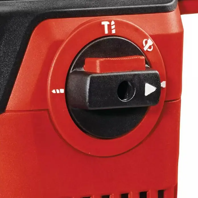 Einhell Martillo combinado TE-RH 32-1600 4F - 1.600 W, 4,5 J, Alojamiento SDS-Plus - Primer plano del selector de función de un martillo perforador Hilti, con opciones de perforación con percusión, taladrado y cincelado.