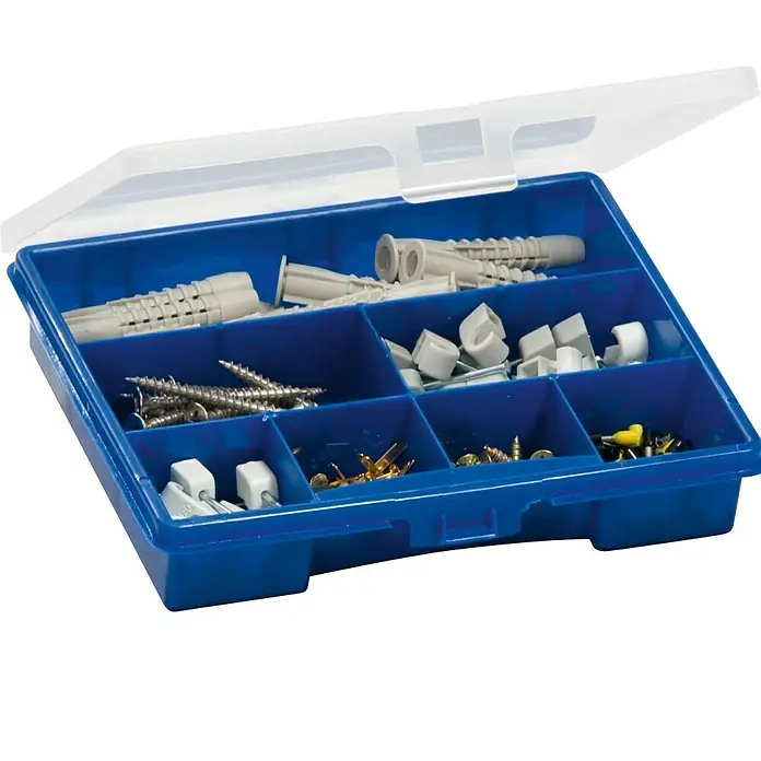 Lockweiler Estuche para piezas pequeñas Ordinus 1-7 - Número de compartimentos: 7 ud., 180 x 150 x 36 mm - Una caja organizadora azul llena de tornillos, tacos y otros accesorios. Perfecto para aficionados al bricolaje y profesionales para guardar piezas pequeñas.