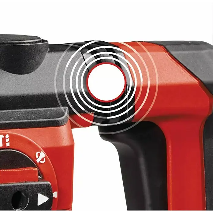 Einhell Martillo combinado TE-RH 32-1600 4F - 1.600 W, 4,5 J, Alojamiento SDS-Plus - Detalle de un martillo perforador Hilti destacando la amortiguación de vibraciones para un uso preciso y cómodo.